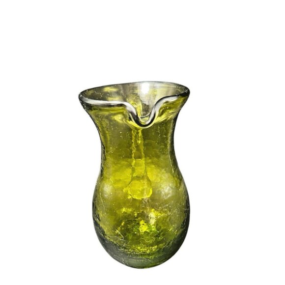 Thick Crackle Glass 4.25" Pitcher Applied Clear Handle Avocado Sage Green BLENKO - Picture 5 of 8